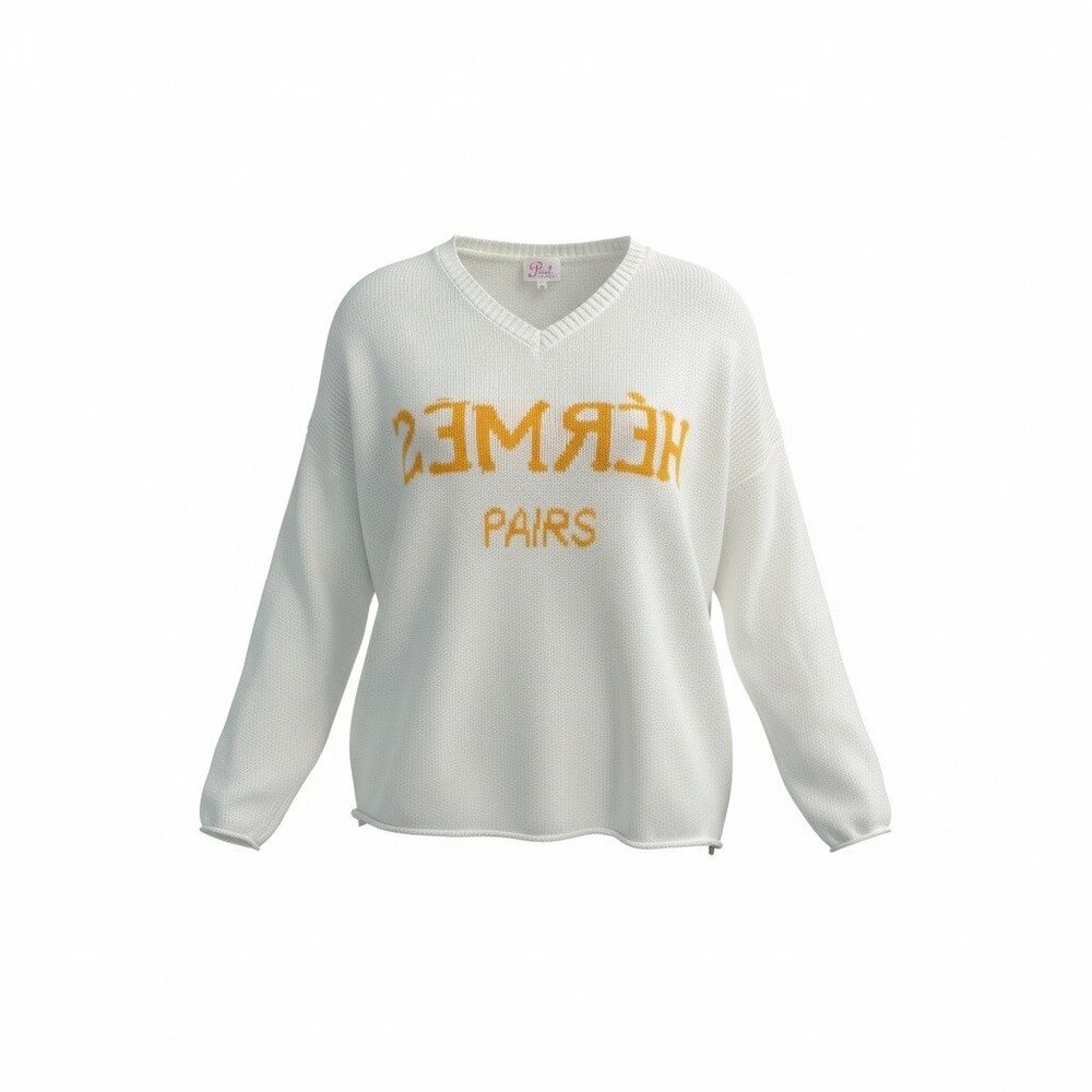Pink Pineapple Cream Paris Graphic V Neck Sweater Size Small